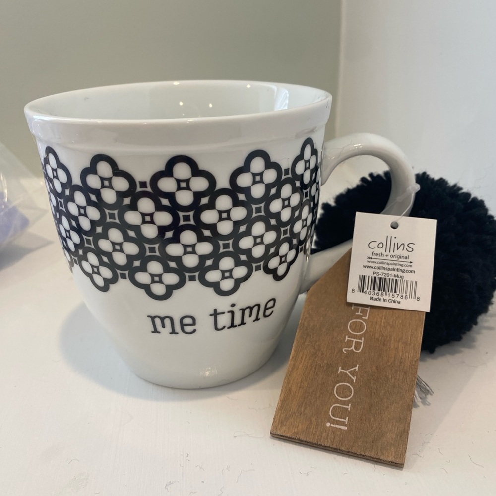 'Me Time' White Ceramic Mug with Black Pattern